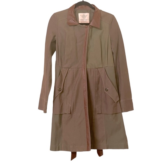 Upcycled Khaki Green Trench coat with upcycled Brown Leather Accents - Picture 5 of 10